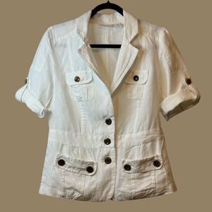 Chicos Easy Expedition Emmylou Linen Utility Jacket Button Front Pockets Size 0